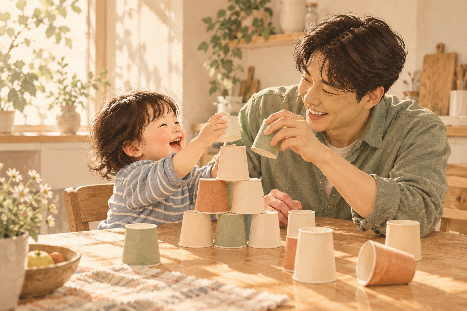 집에서 종이컵으로 놀이하는 아빠와 아이