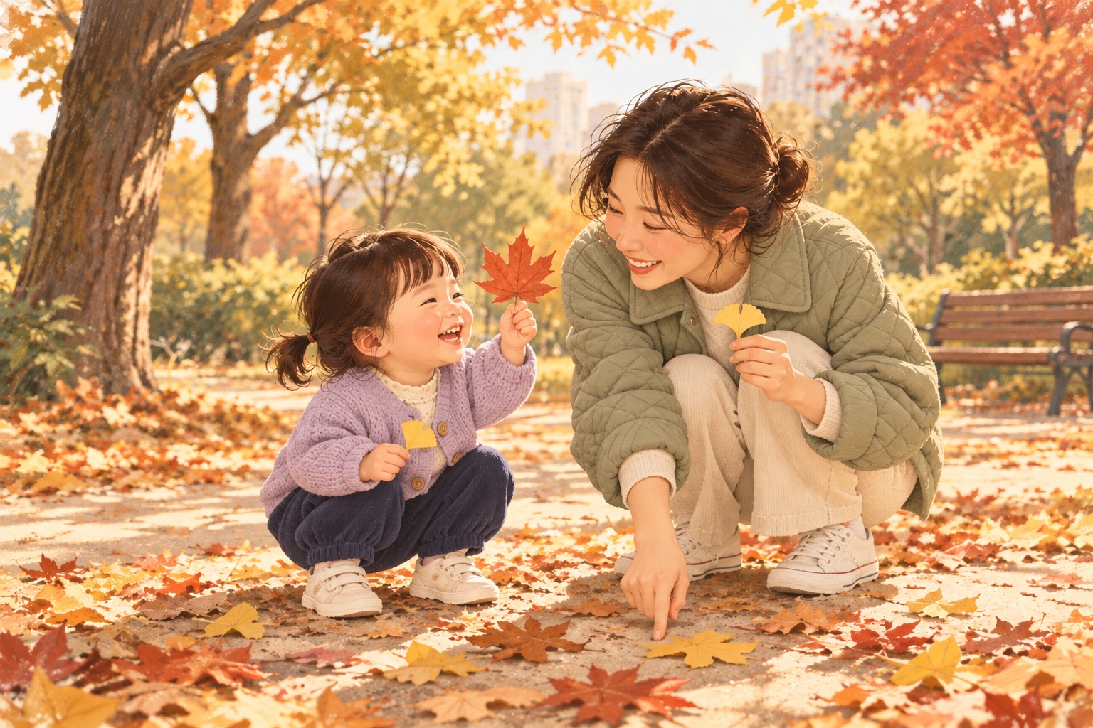공원에서 나뭇잎을 발견하며 웃는 부모와 아이